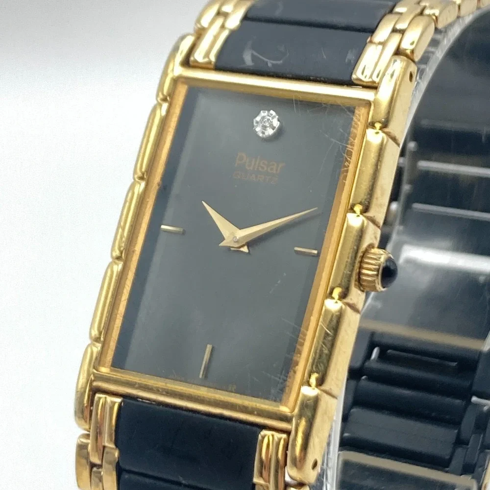 Vintage Pulsar Men's Watch Tank Gold Tone Black 23mm Y250-5390 New Battery 7.5